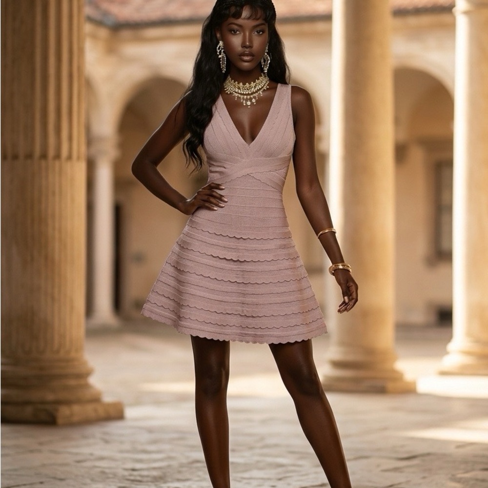 Herve Leger Dusty Rose V-Neck Bandage Mini Dress Small - Picture 9 of 10